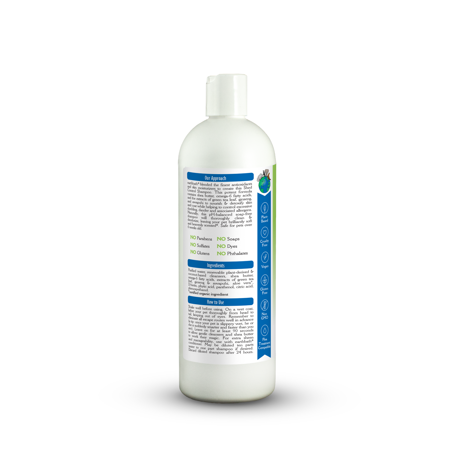 White bottle with a blue label on a white background