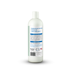 Bottle of pet shampoo with label on a white background