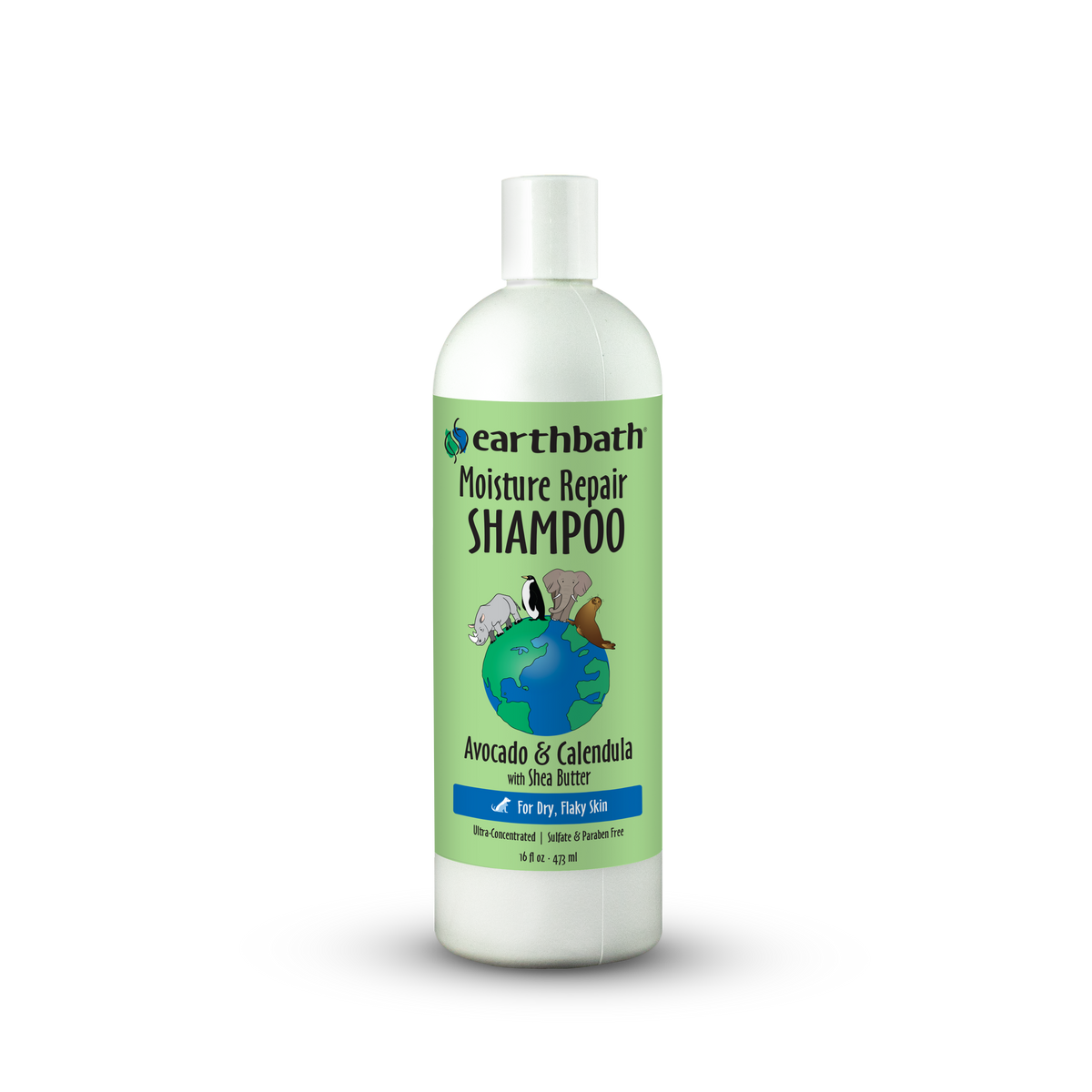 A bottle of Earthbath Moisture Repair Shampoo with Avocado & Calendula, shown on a white background.