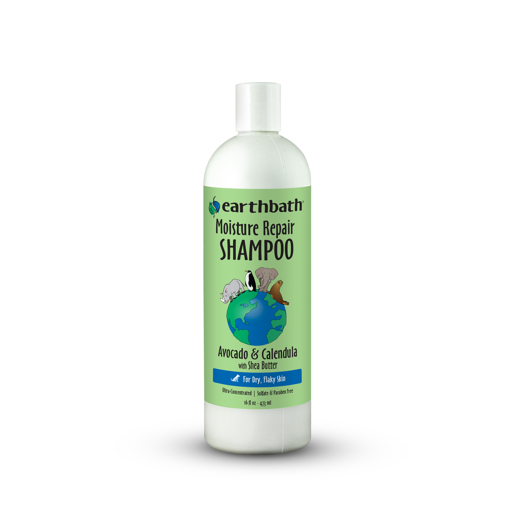 A bottle of Earthbath Moisture Repair Shampoo with Avocado & Calendula, shown on a white background.