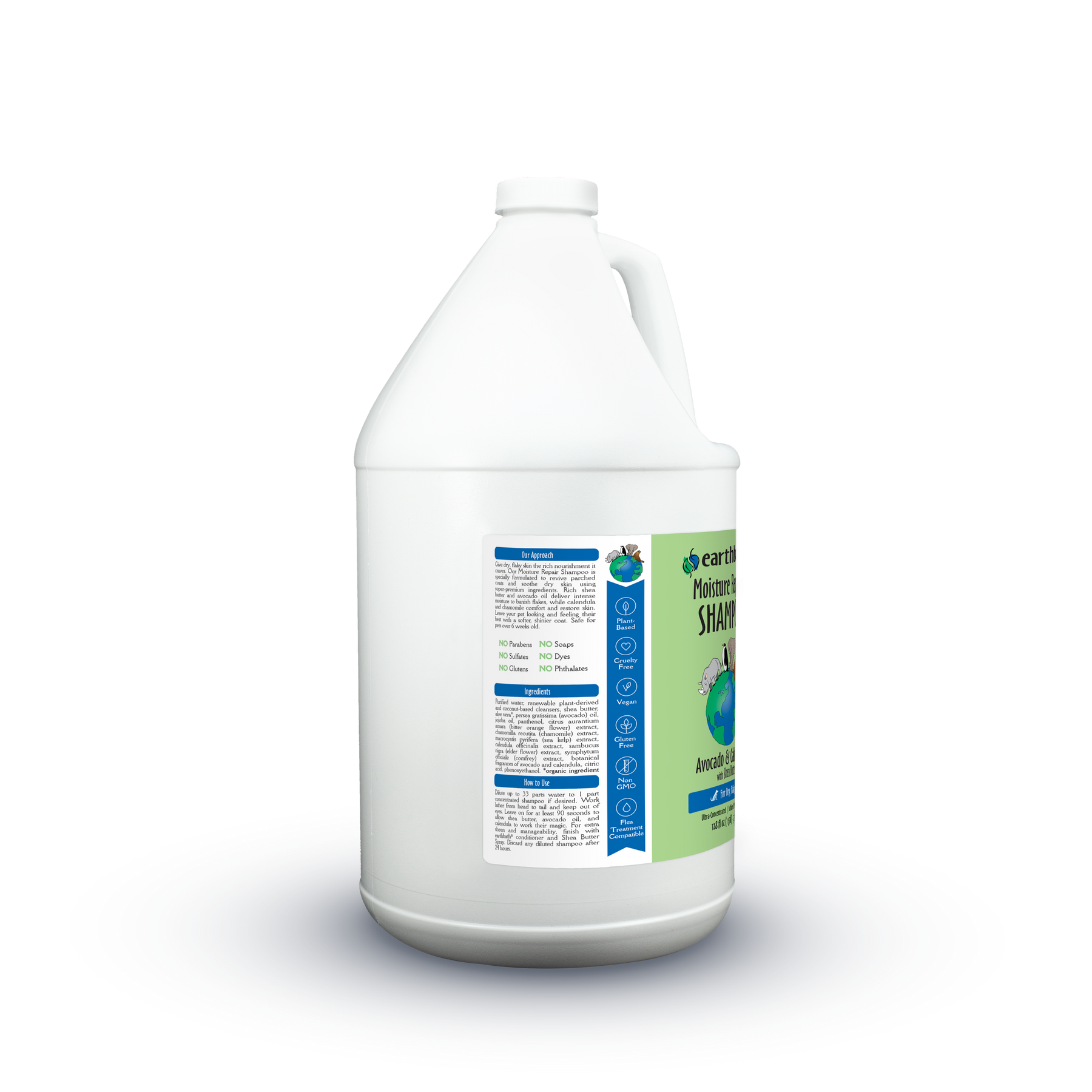 A one-gallon white plastic jug of earthbath Moisture Repair Shampoo, featuring a green and blue label with a globe graphic, set against a white background.