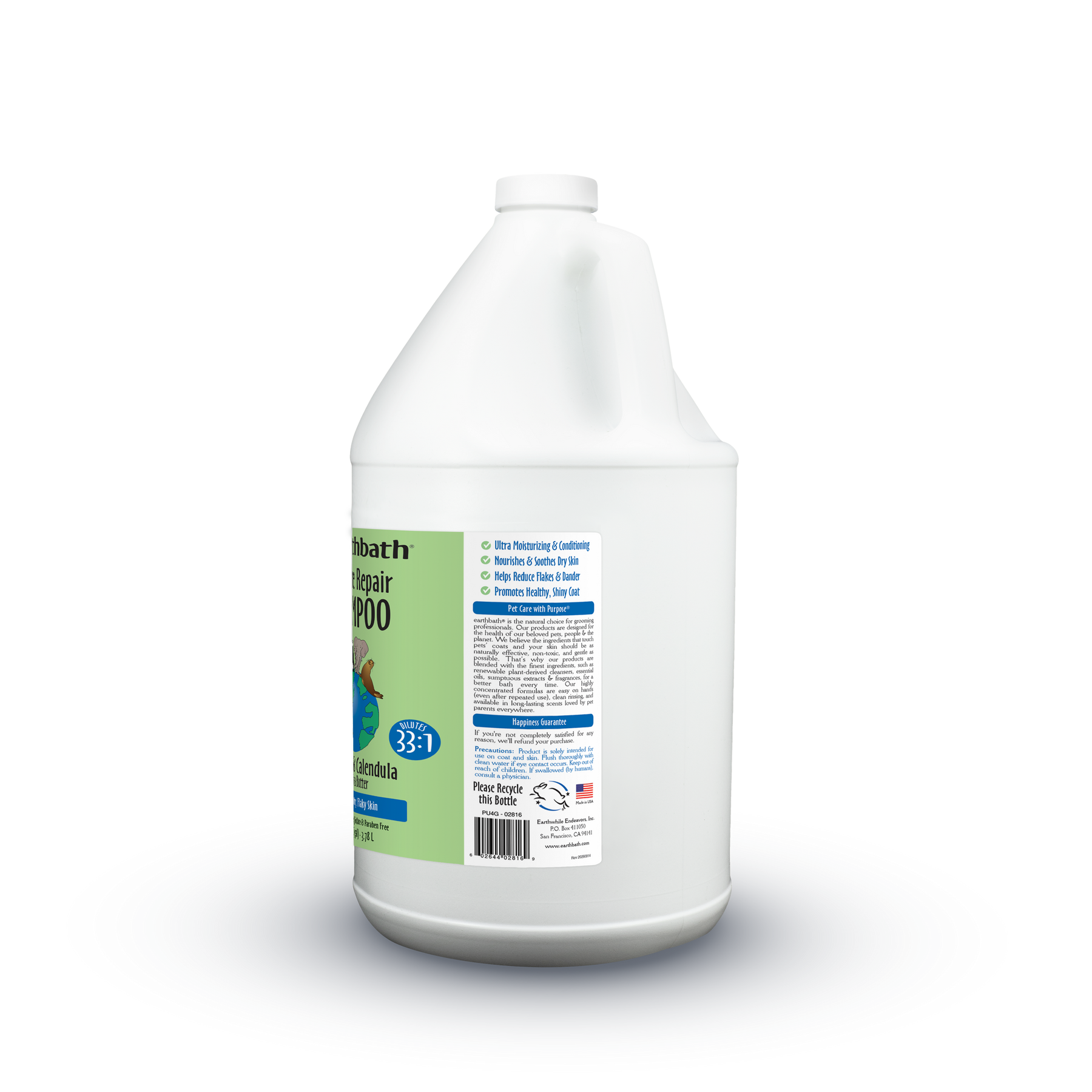 A one-gallon white plastic jug of earthbath Moisture Repair Shampoo, featuring a green and blue label with a globe graphic, set against a white background.