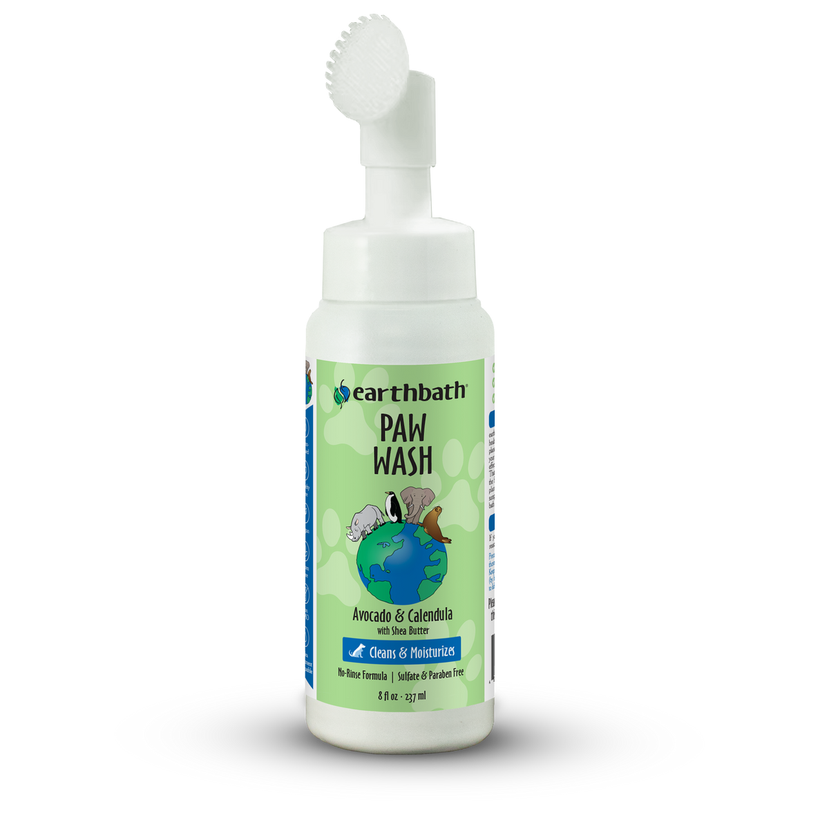 Bottle of Earthbath Paw Wash with a brush on a white background