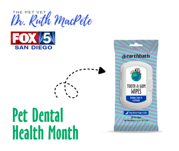 Earthbath tooth and gum wipes packaging with Fox 5 San Diego logo and text about Pet Dental Health Month.