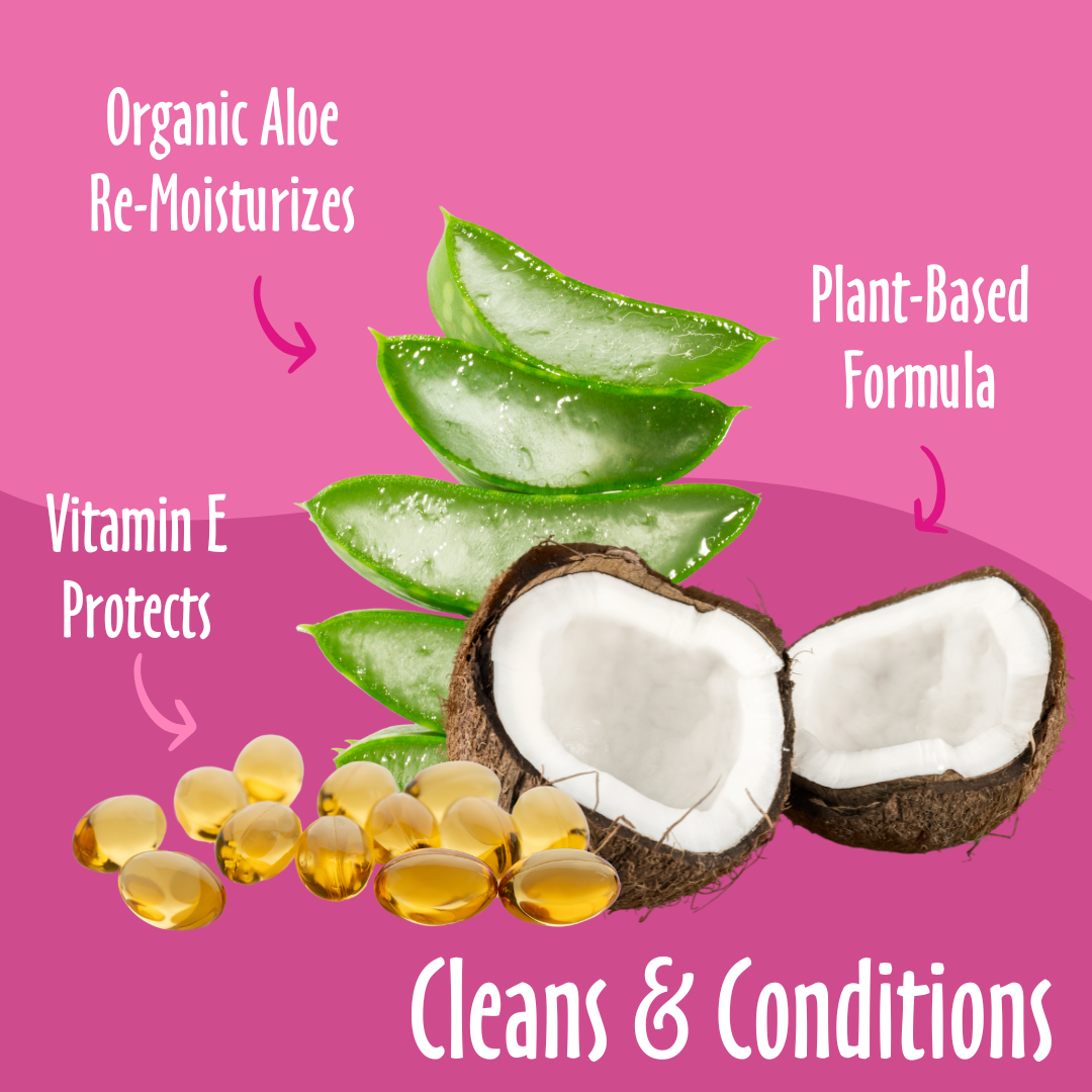 Cleans & Conditions elements like Organic Aloe, Plant-based, Vitamin E and their benefits. 