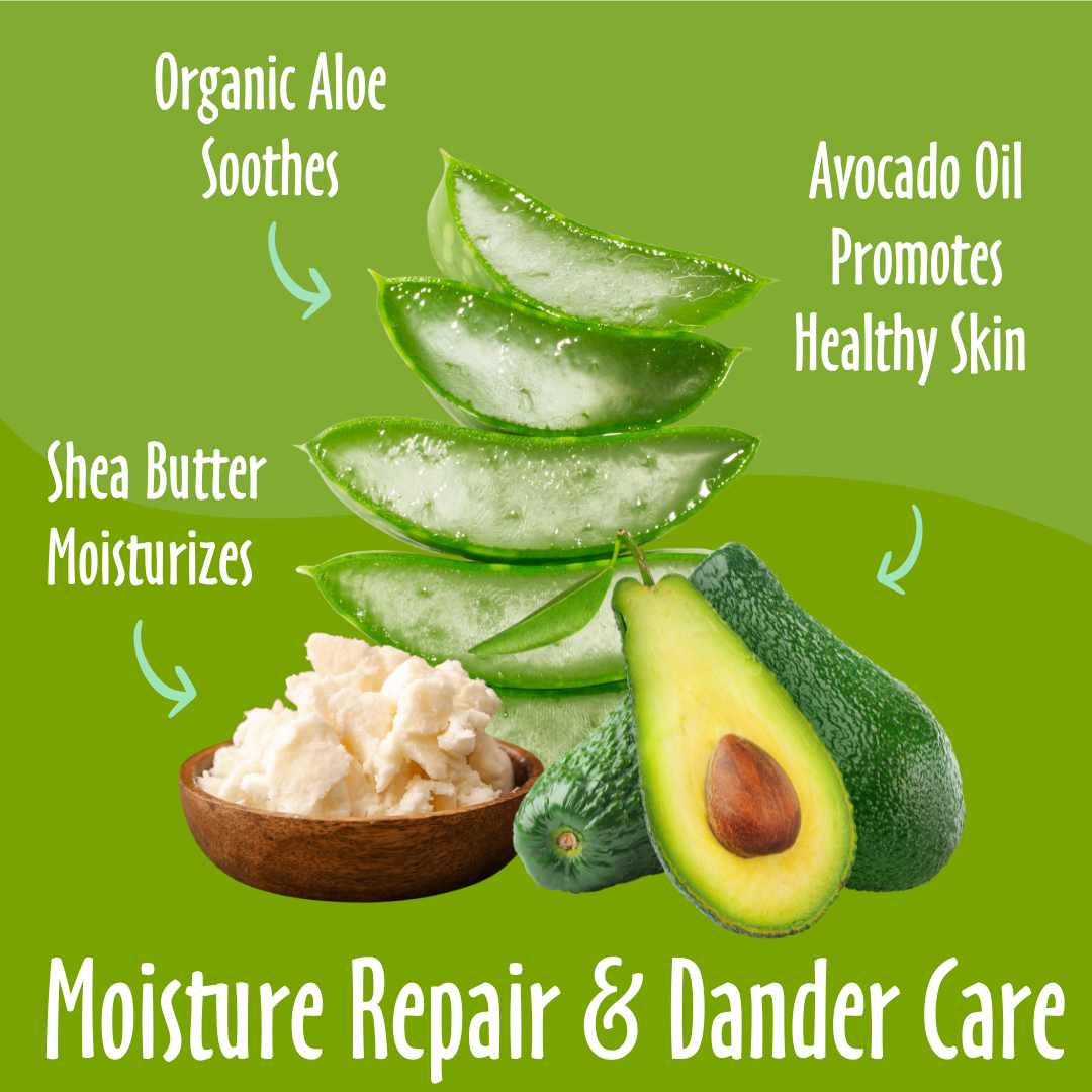 Moisture Repair & Dander Care elements like avocado oil, aloe vera and shea butter and their benefits. 