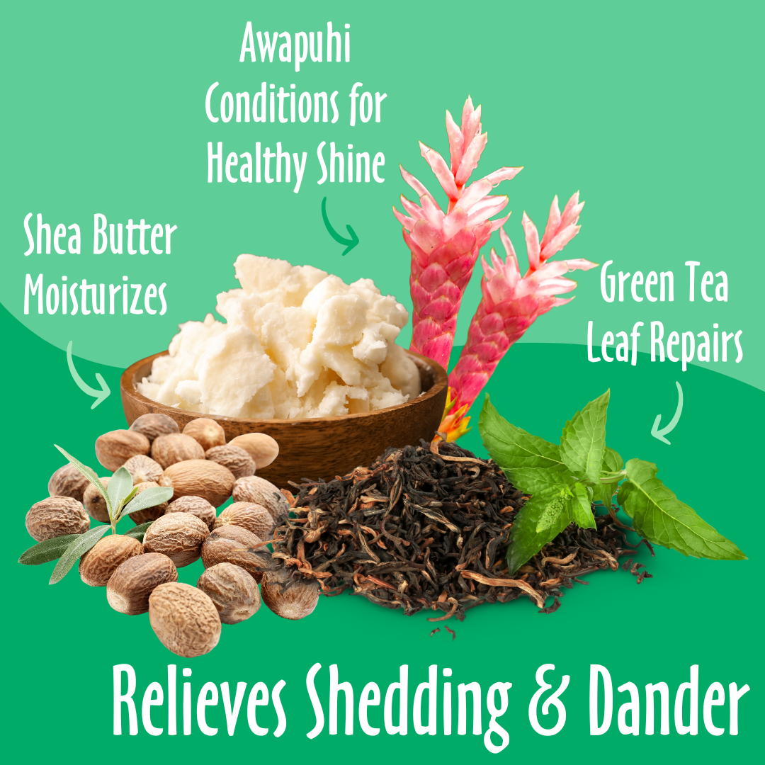 Relieves Shedding & Dander elements like Green Tree, Shea Butter, and Awapuhi, and their benefits.