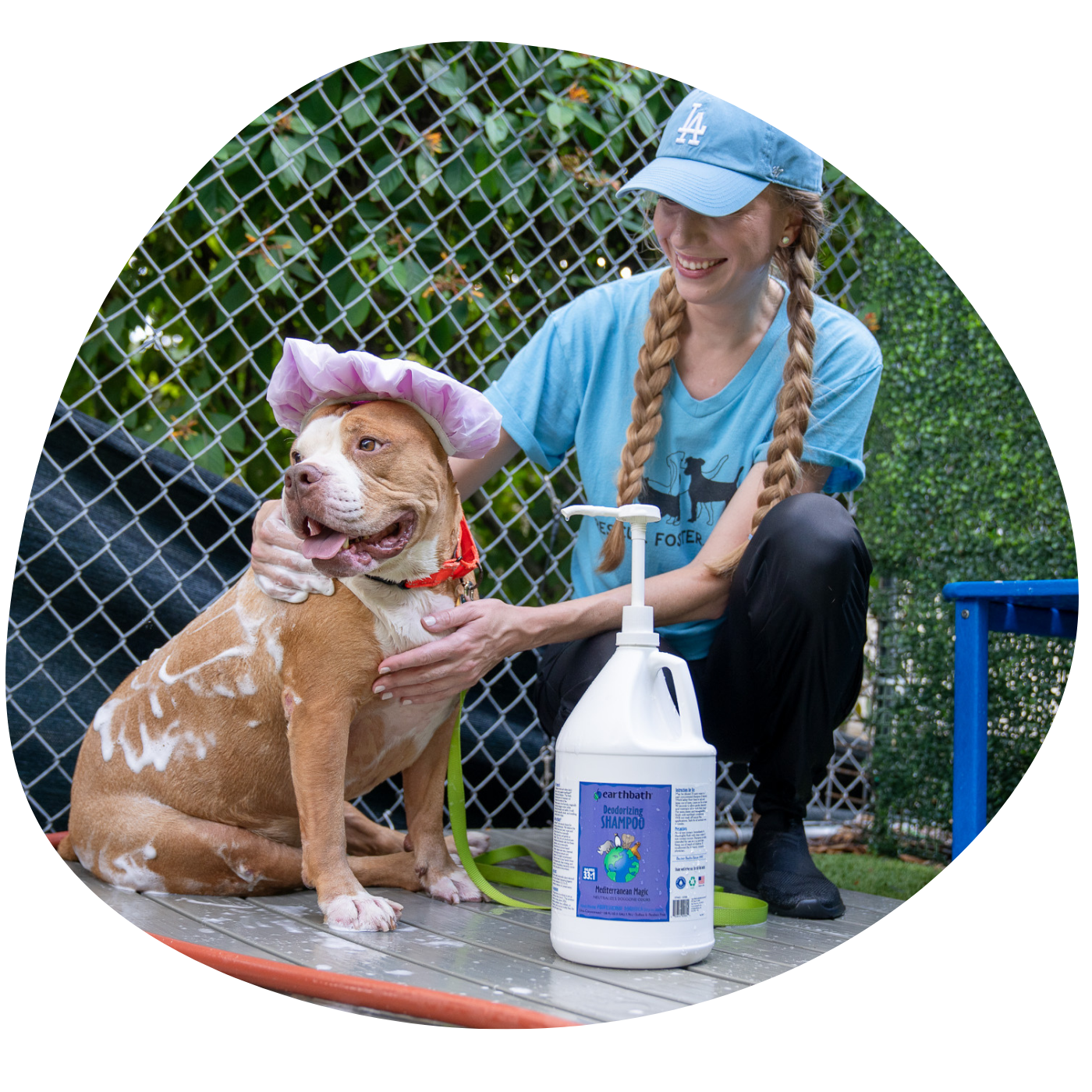 Person with braided hair and a dog wearing a pink hat, with a bottle of pet product in the foreground.
