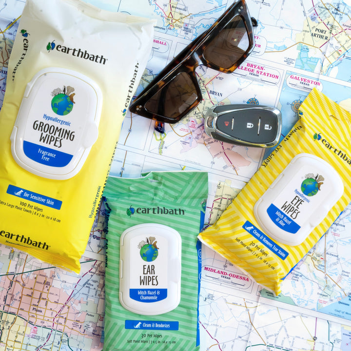 Earthbath pet care products including wipes and ear wipes on a map background